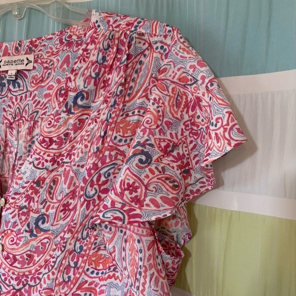 Nanette Lepore Paisley Ruffle-Sleeve Peplum Blouse Sz Large - Picture 4 of 9